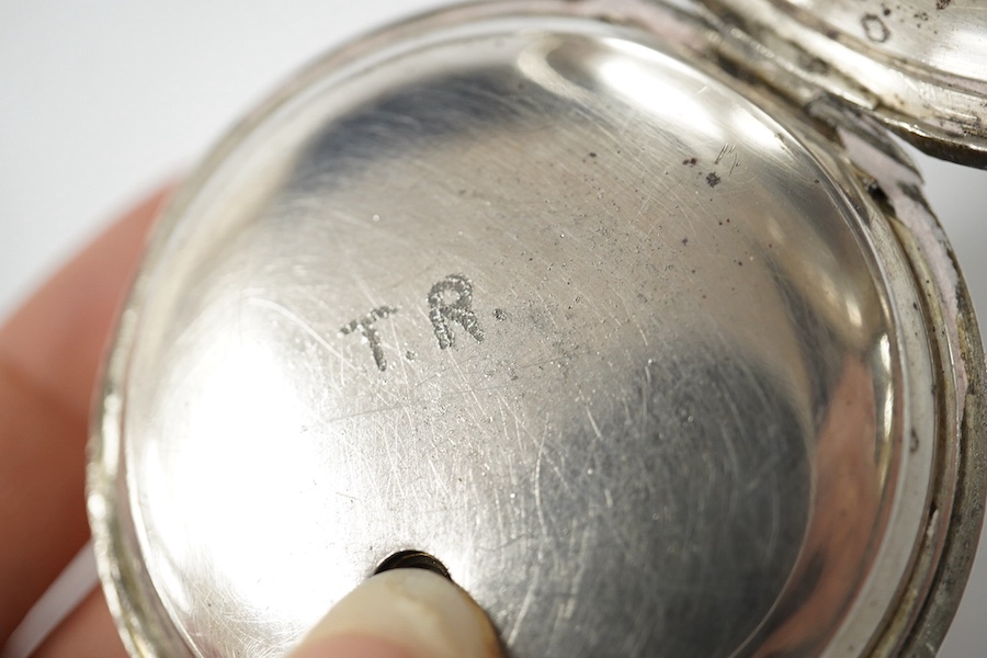 A George V Waltham silver open faced key wind pocket watch (a.f.), a 935 white metal open faced pocket watch and an 800 white metal fob watch. Condition - poor